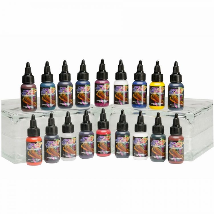 Manufacturer photo of the exact 1 oz Createx Illustration Color Wheel set with color bottles, transparent base, and reducer