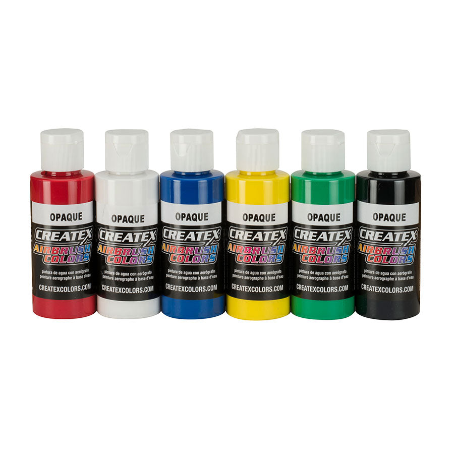 Manufacturer photo of the six 2 oz Createx Airbrush Colors opaque paint bottles