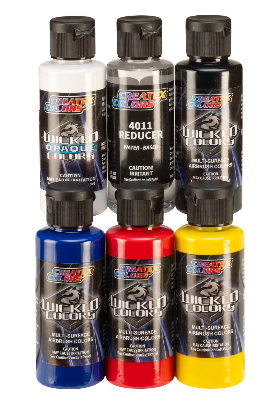 Manufacturer photo of six Createx Wicked Primary Set bottles, including five colors and 4011 reducer